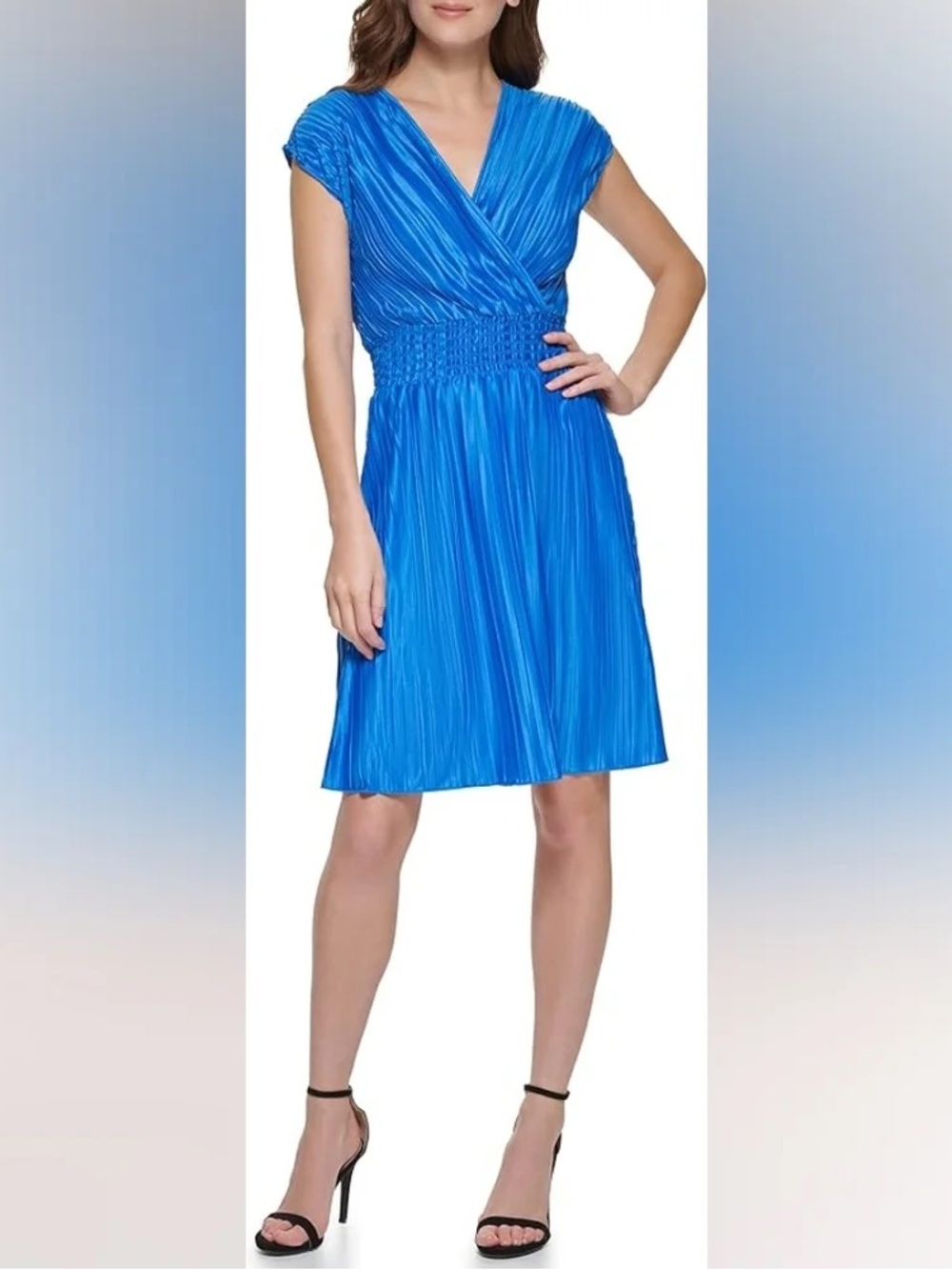 DKNY Women's V-Neck Pleated Blue smock Waist Dress
